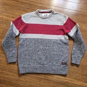 Roots Cabin Striped Sweater L Red Cream Grey Cotton Knit Canadiana